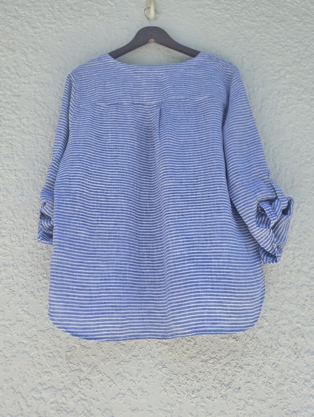 Talbots Blue White Striped 100% Linen Popover Blouse Top Roll Tab XLP - Picture 4 of 14